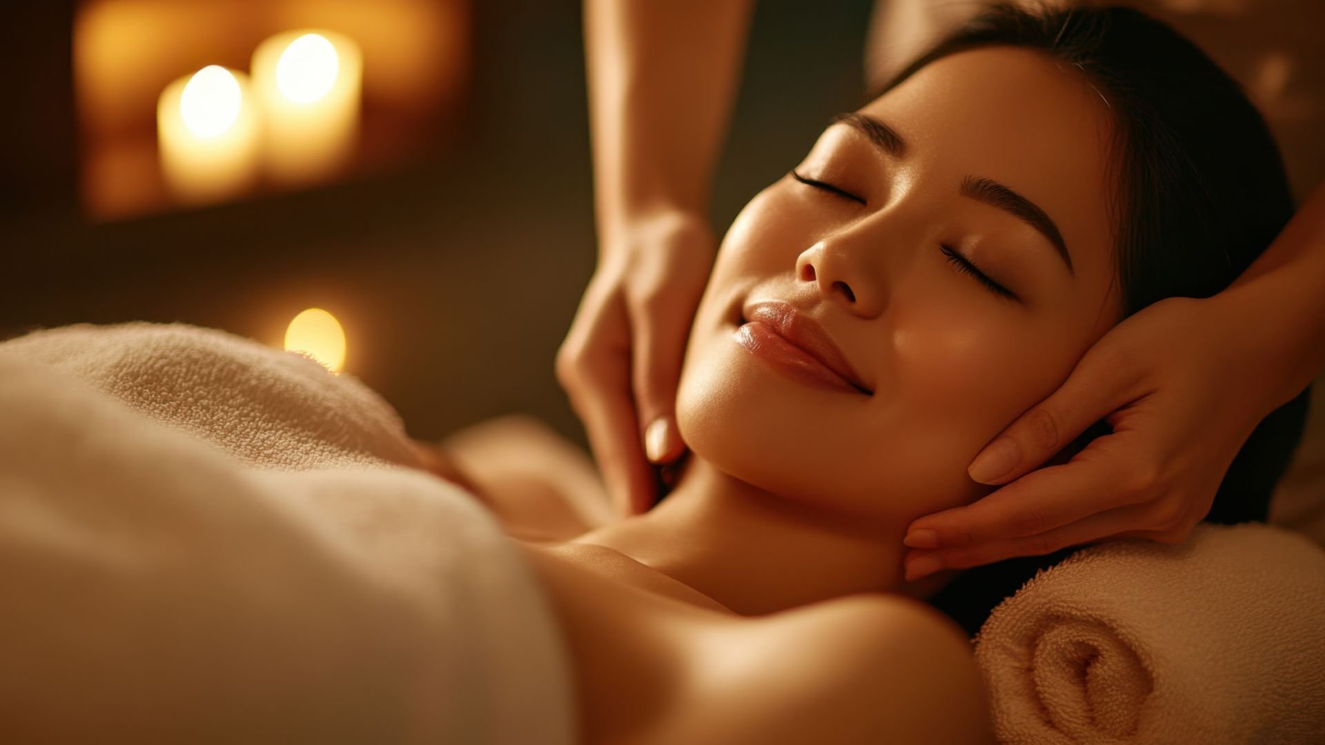 Relaxing spa facial massage with soft candlelight in background